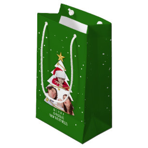 Modern Merry Christmas Tree Photo Collage Green Small Gift Bag