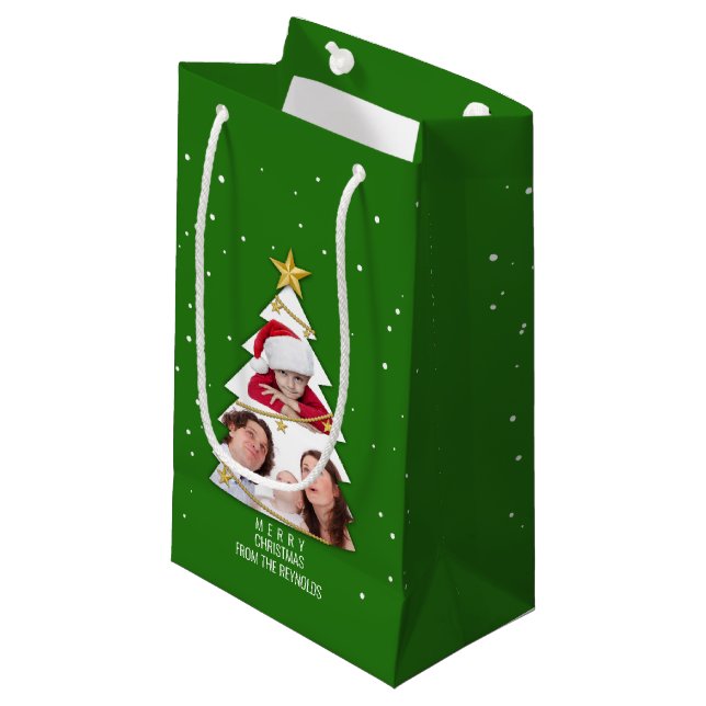 Modern Merry Christmas Tree Photo Collage Green Small Gift Bag (Front Angled)