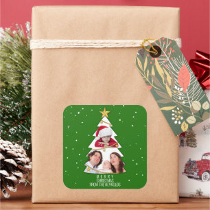 Modern Merry Christmas Tree Photo Collage Green Square Sticker