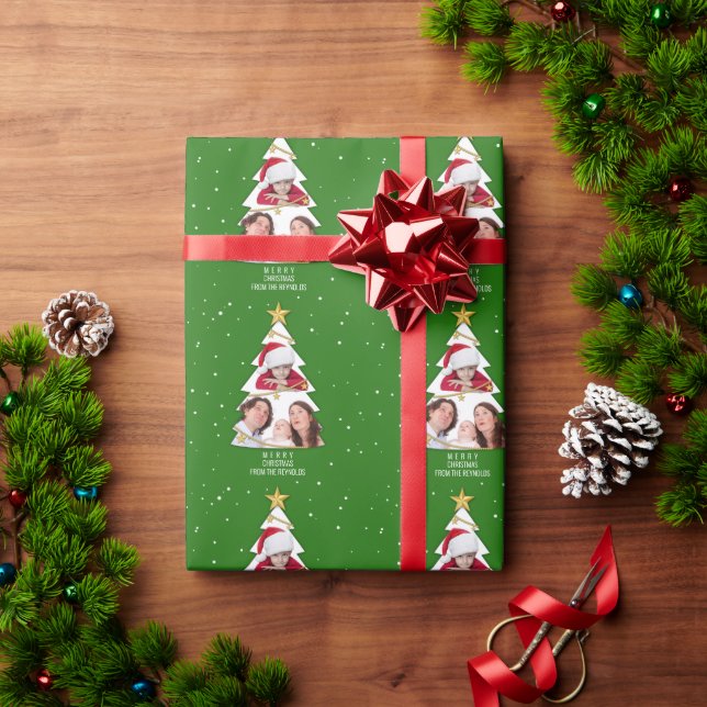 Modern Merry Christmas Tree Photo Collage Green Wrapping Paper (Holiday Gift)