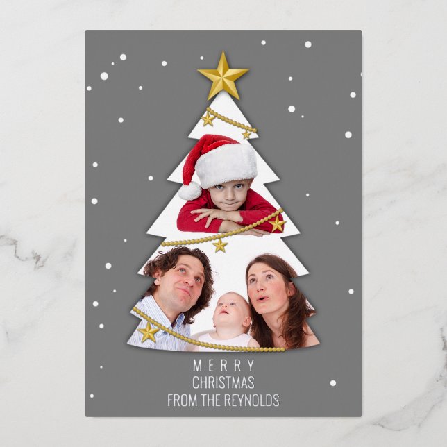 Modern Merry Christmas Tree Photo Collage Grey Foil Holiday Card (Front)