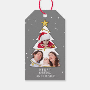 Modern Merry Christmas Tree Photo Collage Grey Gift Tags