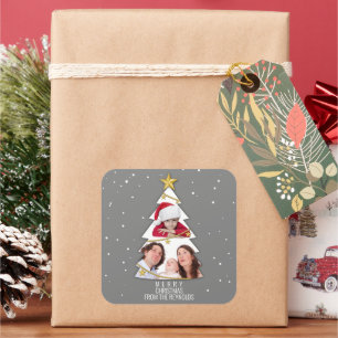 Modern Merry Christmas Tree Photo Collage Grey Square Sticker