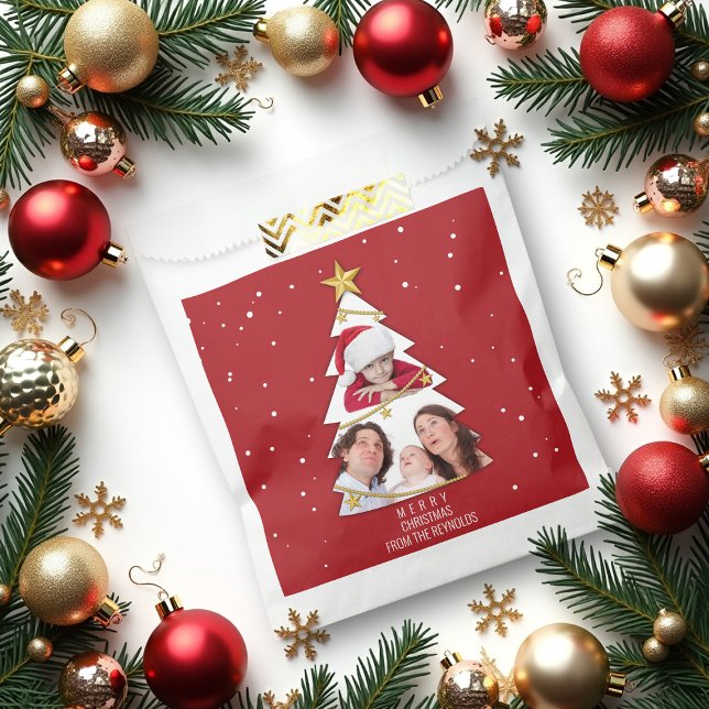 Modern Merry Christmas Tree Photo Collage Red Favour Bags (Creator Uploaded)