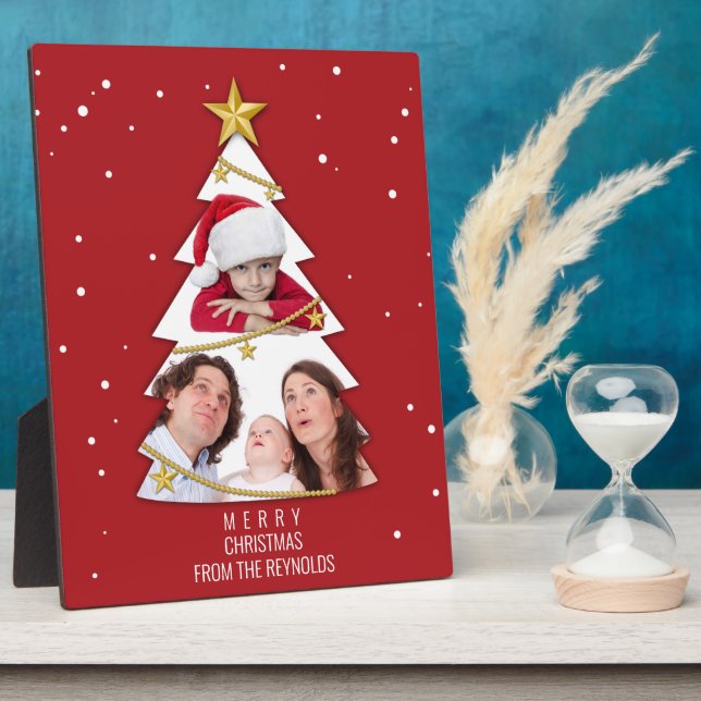 Modern Merry Christmas Tree Photo Collage Red Plaque (Side)