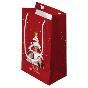 Modern Merry Christmas Tree Photo Collage Red Small Gift Bag