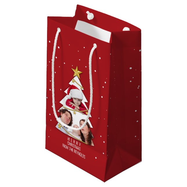 Modern Merry Christmas Tree Photo Collage Red Small Gift Bag (Front Angled)