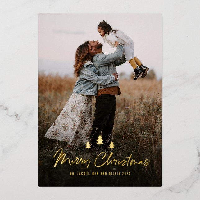 Modern Merry Christmas Tree Trio 2 photo Gold Foil Holiday Card (Front)