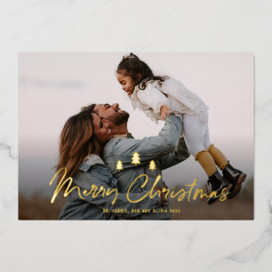 Modern Merry Christmas Tree Trio 2 photo Gold Foil Holiday Card