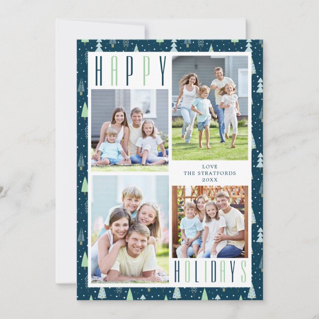Modern MERRY CHRISTMAS Trees 4 Photos Blue Green Holiday Card (Front)