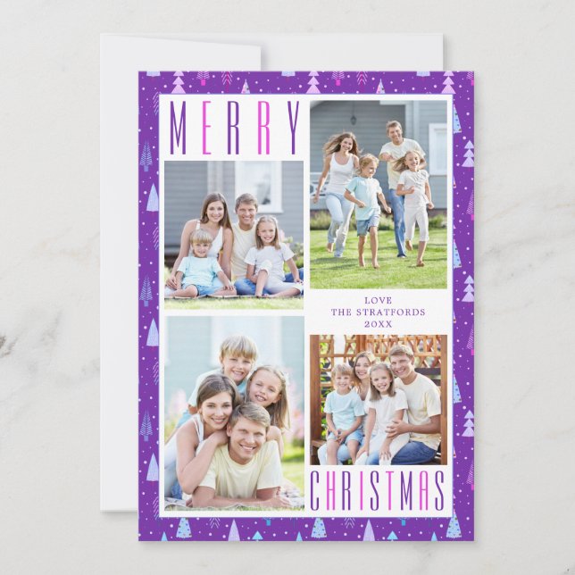 Modern MERRY CHRISTMAS Trees 4 Photos Purple Pink Holiday Card (Front)