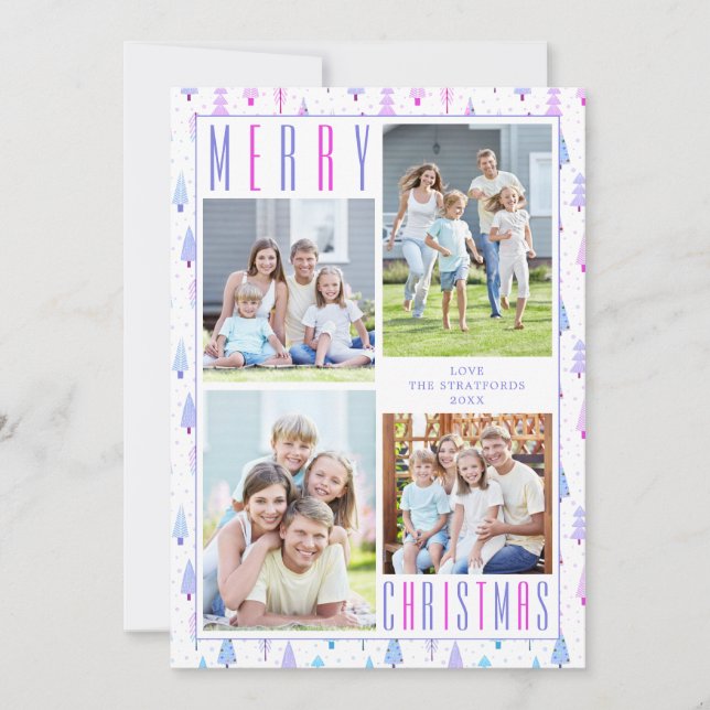 Modern MERRY CHRISTMAS Trees 4 Photos Purple Pink Holiday Card (Front)