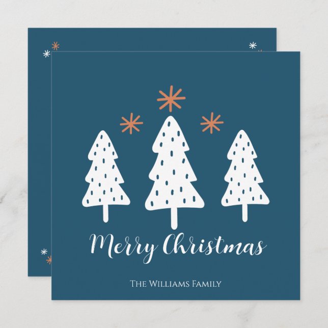 Modern Merry Christmas Trees and Stars Bleu  Holiday Card (Front/Back)