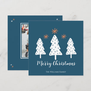 Modern Merry Christmas Trees and Stars Bleu  Holiday Card