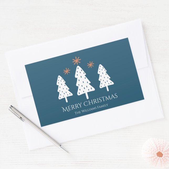 Modern Merry Christmas Trees and Stars Blue Rectangular Sticker (Envelope)