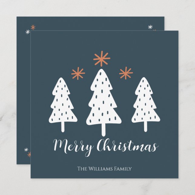 Modern Merry Christmas Trees and Stars Photo  Holiday Card (Front/Back)