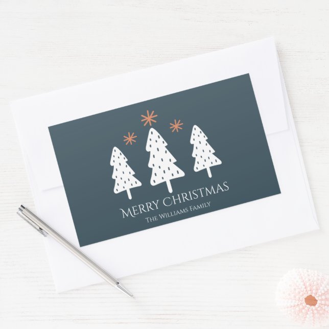 Modern Merry Christmas Trees and Stars Rectangular Sticker (Envelope)