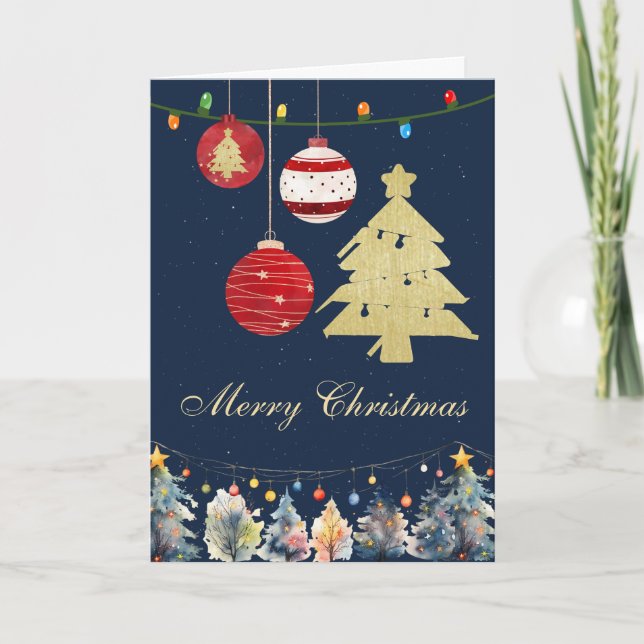 Modern Merry Christmas Trees Ornaments Snow Holiday Card (Front)