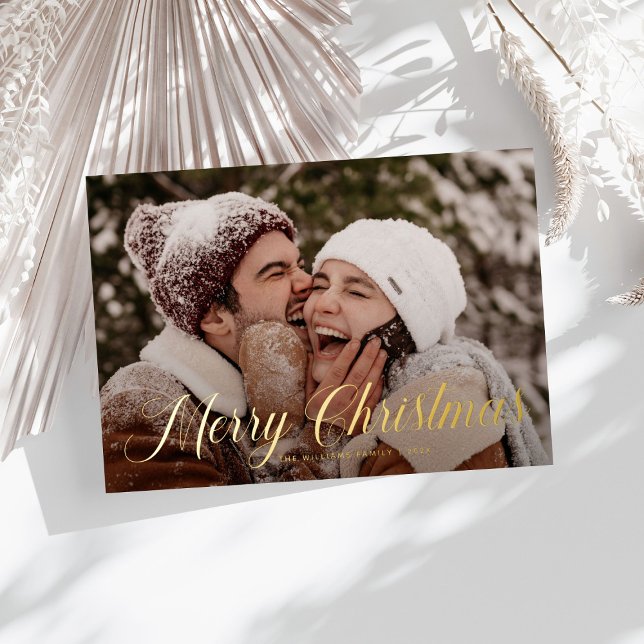Modern Merry Christmas Trendy one photo family  Foil Holiday Card (Creator Uploaded)