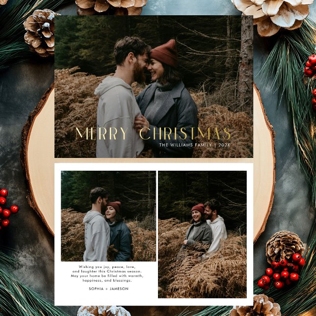 Modern Merry Christmas Trendy photo family  Foil Holiday Card (Creator Uploaded)