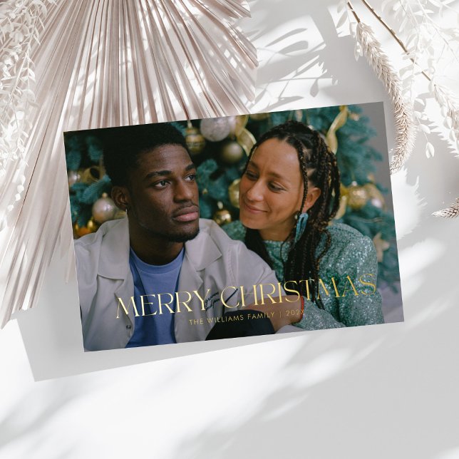 Modern Merry Christmas Trendy simple Family photo Foil Holiday Card (Creator Uploaded)