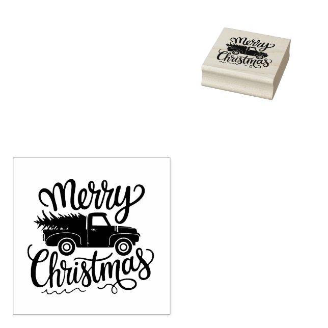 Modern Merry Christmas truck and tree              Rubber Stamp (Stamped)