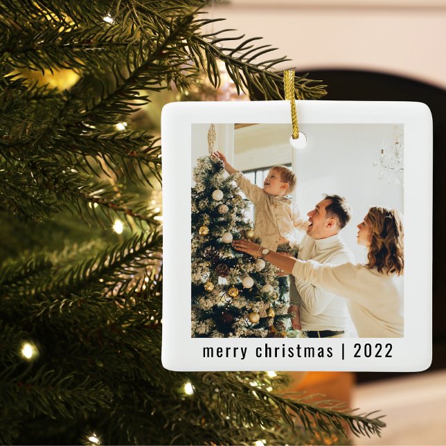 Modern Merry Christmas | Two Photos Ceramic Ornament (Creator Uploaded)