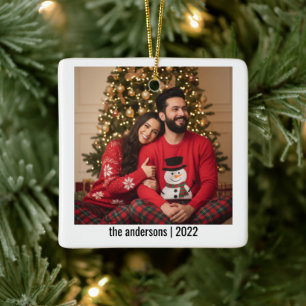 Modern Merry Christmas Two Photos Ceramic Ornament