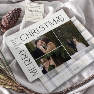 Modern Merry Christmas Typography 3 Photo Plaid Holiday Card