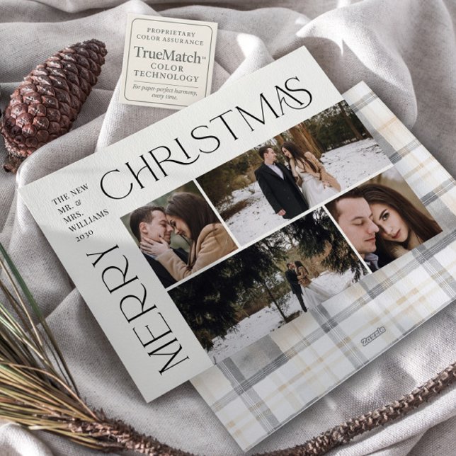 Modern Merry Christmas Typography 4 Photo Plaid Holiday Card (Creator Uploaded)