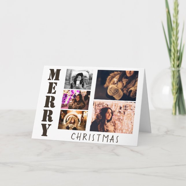 Modern Merry Christmas Typography 5 Photo Collage Holiday Card (Front)
