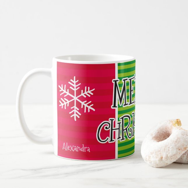 Modern Merry Christmas Typography Personalised Coffee Mug (With Donut)