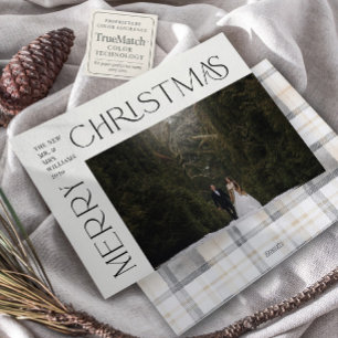 Modern Merry Christmas Typography Photo Plaid Holiday Card