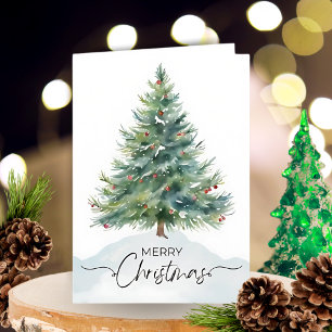 Modern Merry Christmas Watercolor Pine Tree  Holiday Card