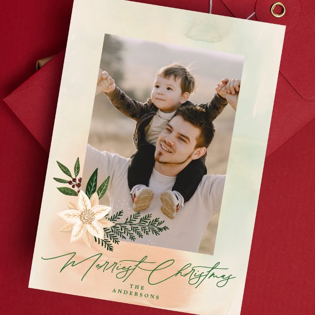 Modern Merry Christmas Watercolor Poinsettia Photo Holiday Card (Creator Uploaded)