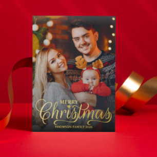 Modern Merry Christmas White Script Overlay Photo Foil Holiday Card