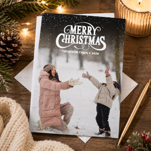 Modern Merry Christmas White Script Overlay Photo Holiday Card