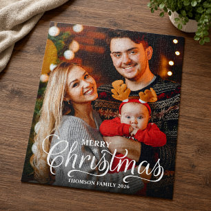 Modern Merry Christmas White Script Overlay Photo Jigsaw Puzzle