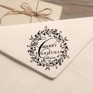 Modern Merry Christmas Wildflower Wreath Rubber Stamp