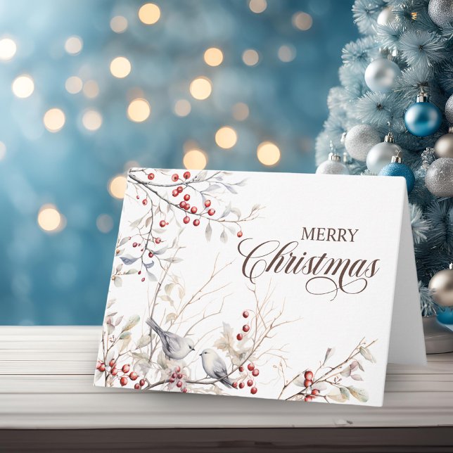 Modern Merry Christmas Winter Berries Birds Card (Modern Christmas with Winter Berries and Birds)