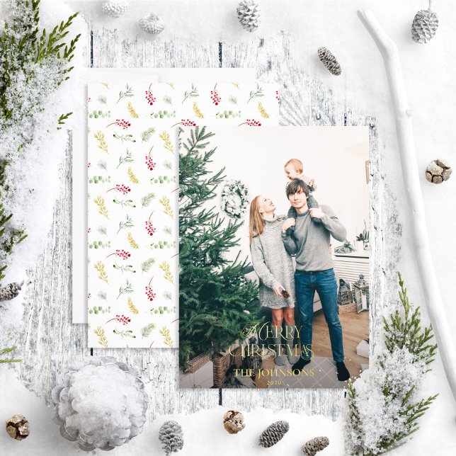 Modern Merry Christmas Winter Green Gold Photo Foil Holiday Card (Creator Uploaded)