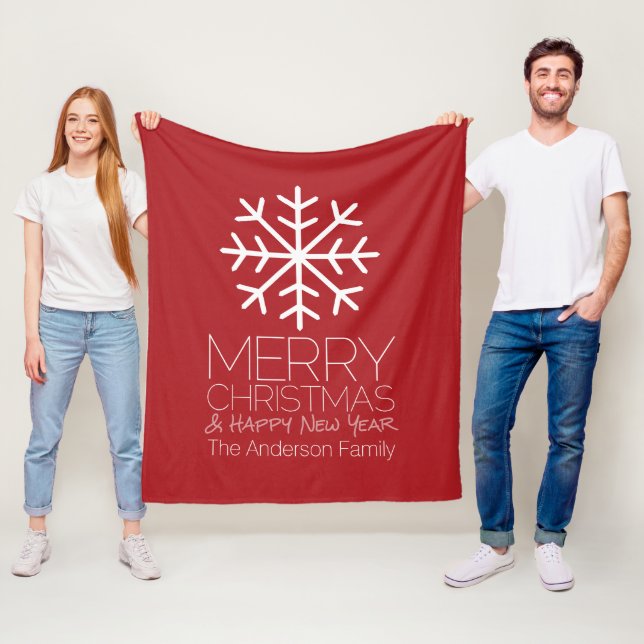 Modern Merry Christmas Winter Snowflake - red Fleece Blanket (In Situ)