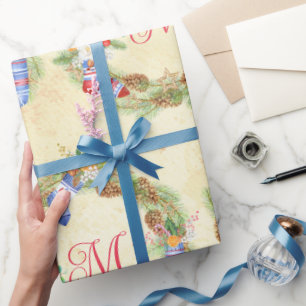 Modern Merry Christmas Wreath Red Yellow Letter  Wrapping Paper