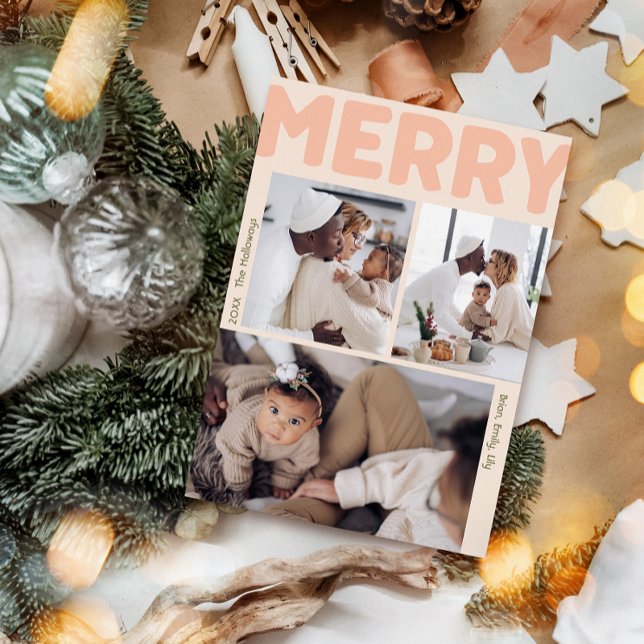 Modern Merry Coral Year In Review Vertical 3 Photo Holiday Card (Creator Uploaded)