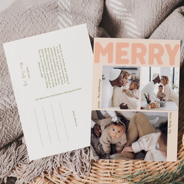 Modern Merry Coral Year In Review Vertical 3 Photo Holiday Postcard (Creator Uploaded)