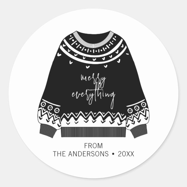 Modern Merry Everything Christmas Sweater Holiday Classic Round Sticker (Front)