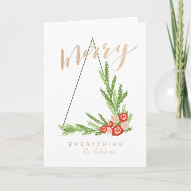 Modern Merry Everything Geometric Script Holiday Card (Front)