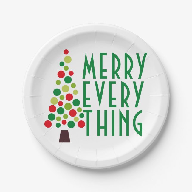 Modern Merry Everything  Holiday Tree  Paper Plate (Front)