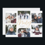 Modern merry faux gold 6 photo Christmas collage Holiday Card<br><div class="desc">A college of 6 photos is collected around a modern merry script in a faux gold glitter effect in the centre along with a custom message. This simple design is trend forward and the perfect way to share a year of highlights with friends and family. The backer is a festive...</div>