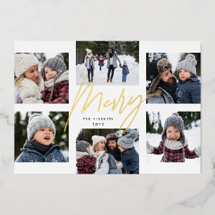 Modern merry gold 6 photo Christmas collage Foil Holiday Card